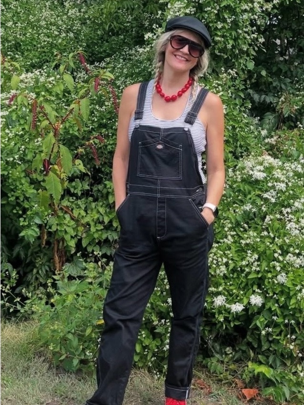 Dickies Black Women's Denim Overalls with White Stitching- Size Medium